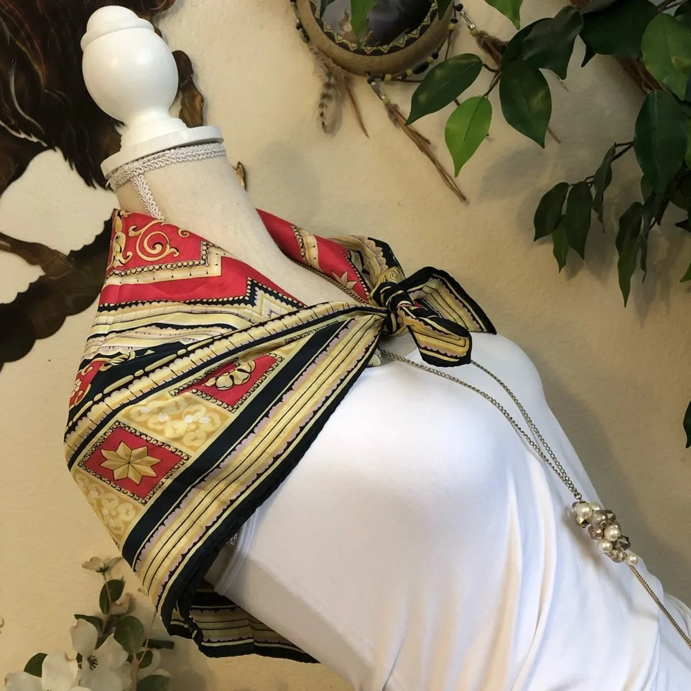 Italian design navy pink & gold tone silk scarf